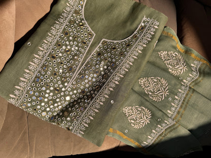 Olive Mulmul Kurta Suit Set