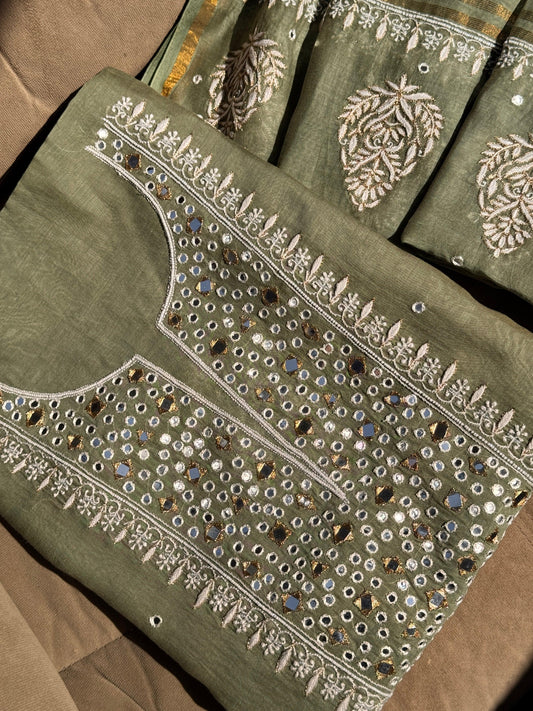 Olive Mulmul Kurta Suit Set