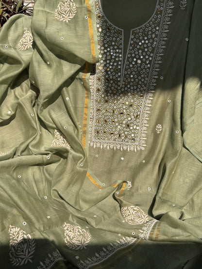 Olive Mulmul Kurta Suit Set