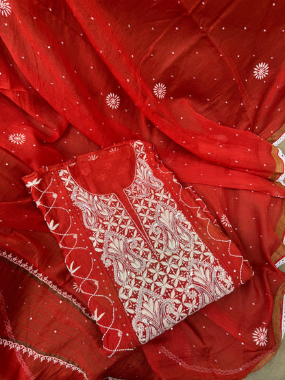 Chikankari Embroidered Red Kurta with Dupatta