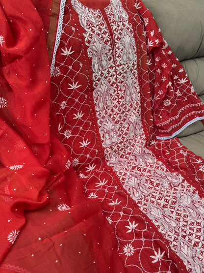 Chikankari Embroidered Red Kurta with Dupatta