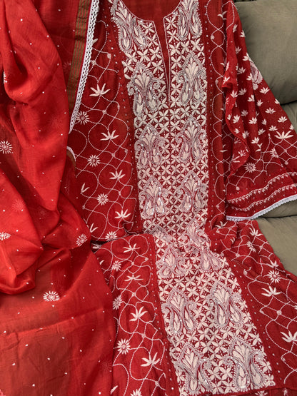 Chikankari Embroidered Red Kurta with Dupatta