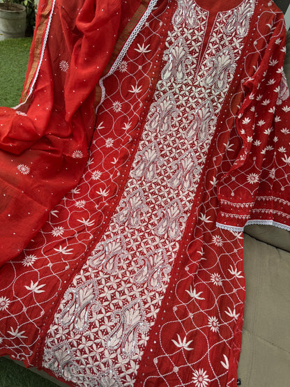 Chikankari Embroidered Red Kurta with Dupatta