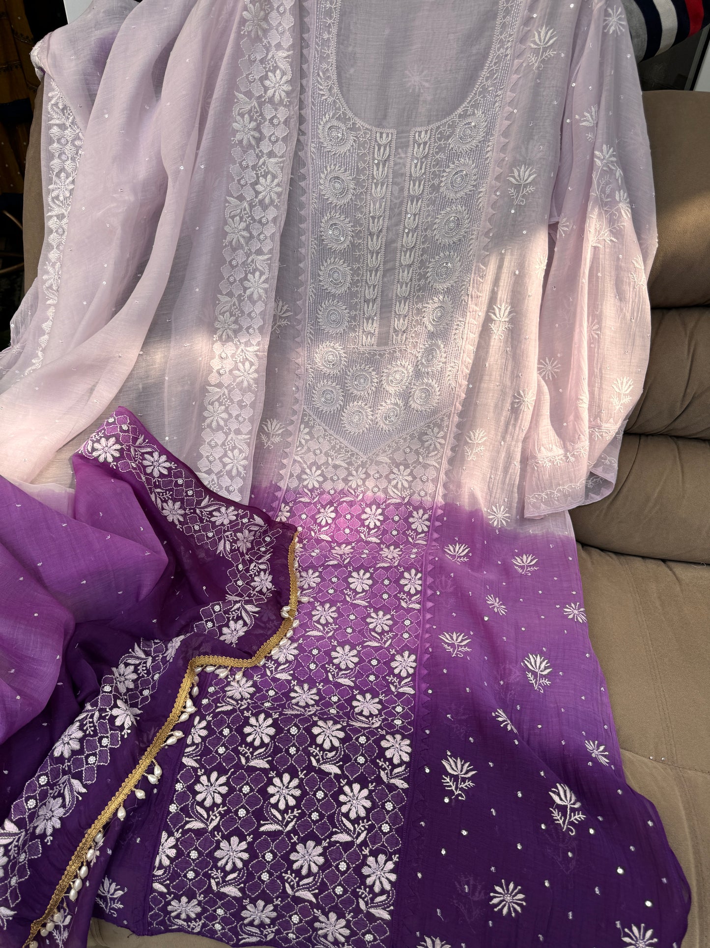 White Purple Kurta with Dupatta