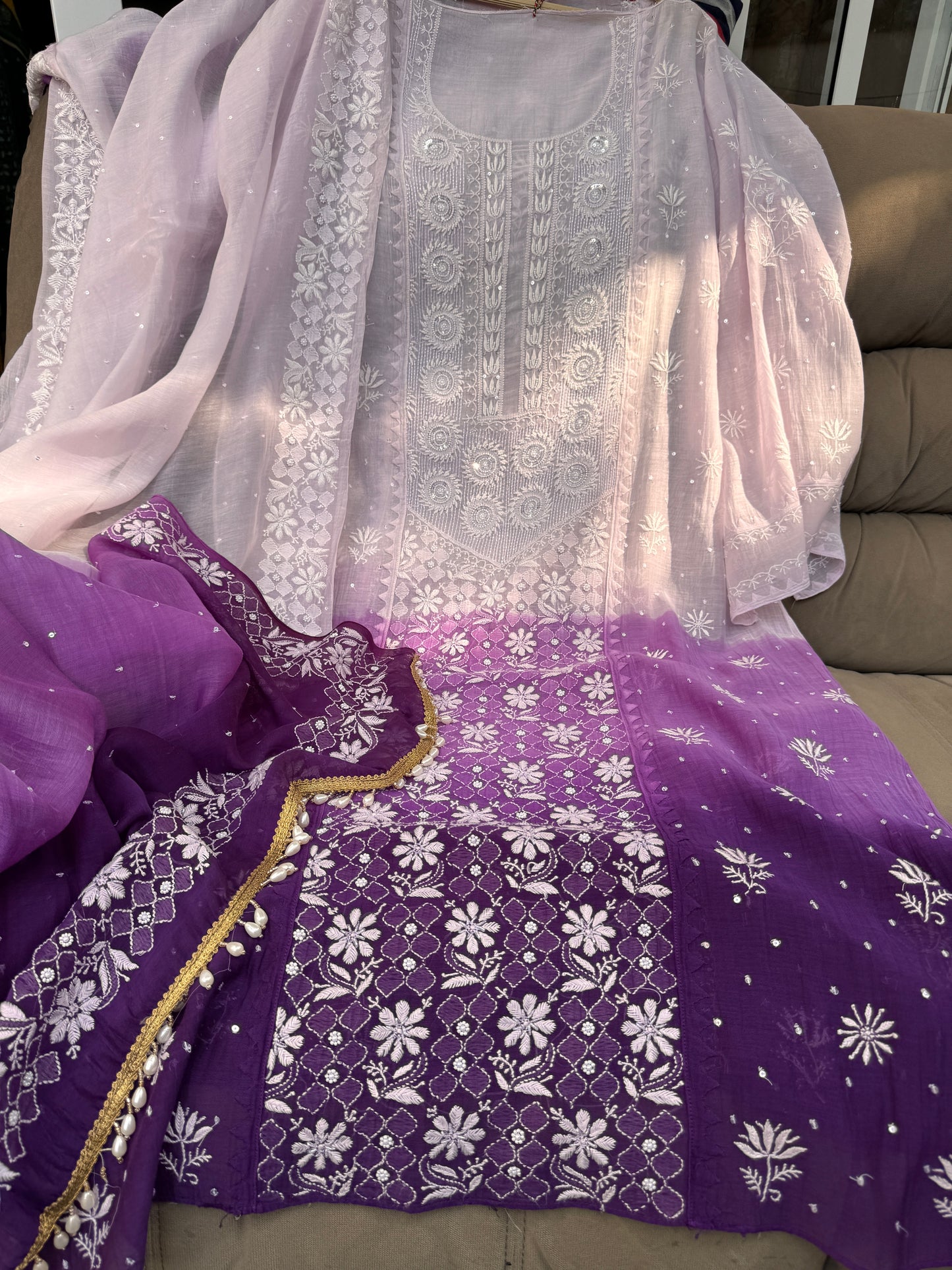 White Purple Kurta with Dupatta