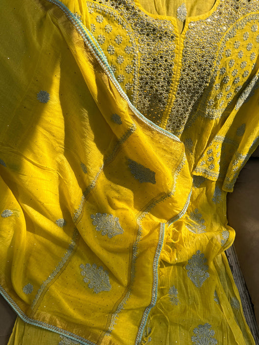 Haldi Yellow Mulmul Chanderi Kurta and Dupatta Set